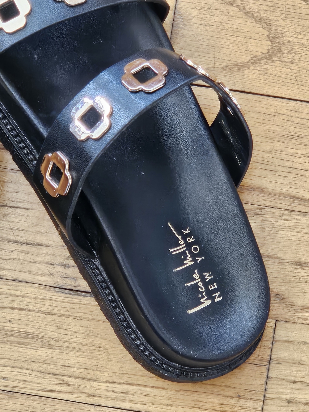 Nicole Miller Black Slide Sandals with Gold Accents - Picture 3 of 13